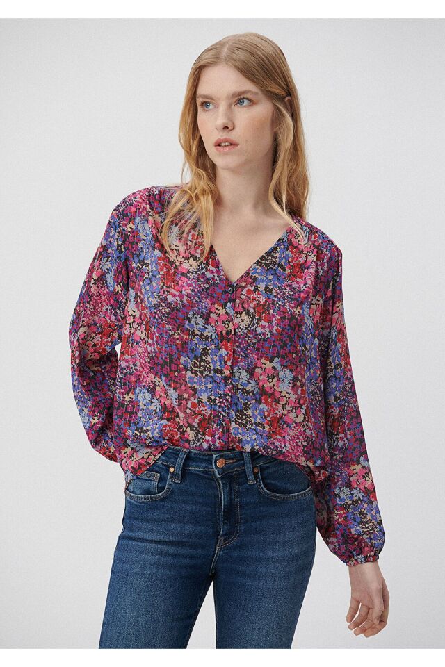 MAVİ KADIN V YAKA UZUN KOL GÖMLEK Mixed Floral Prin 1210633-85877