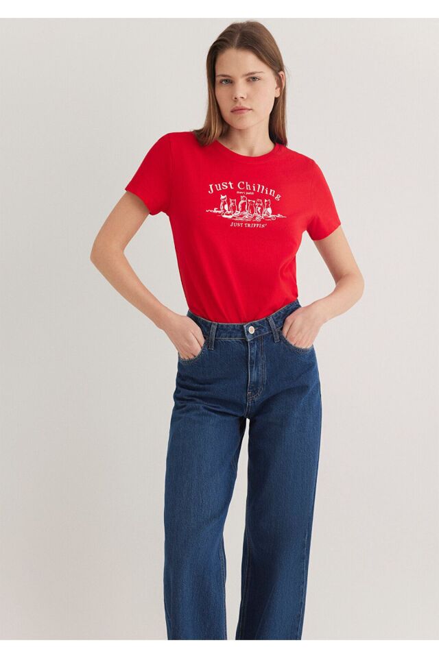 MAVİ KADIN KEDİ BASKILI GRAFİK TIŞORT Acı Kırmızı 1612940-82054