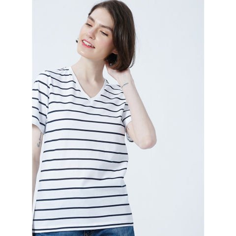 FASHİON FRİENDS KADIN V Yaka Çizgili T-Shirt 22Y0067K1