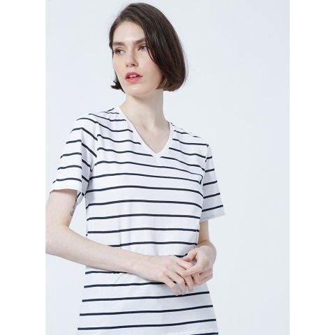 FASHİON FRİENDS KADIN V Yaka Çizgili T-Shirt 22Y0067K1