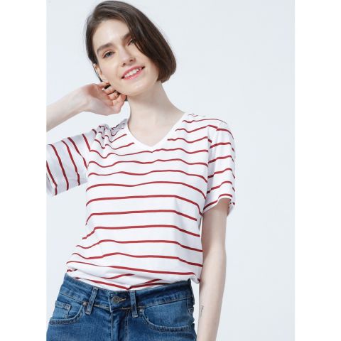 FASHİON FRİENDS KADIN V Yaka Çizgili T-Shirt 22Y0067K1