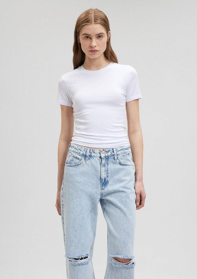 MAVİ KADIN YUVARLAK YAKA BASIC TİŞÖRT BEYAZ 1600963-620