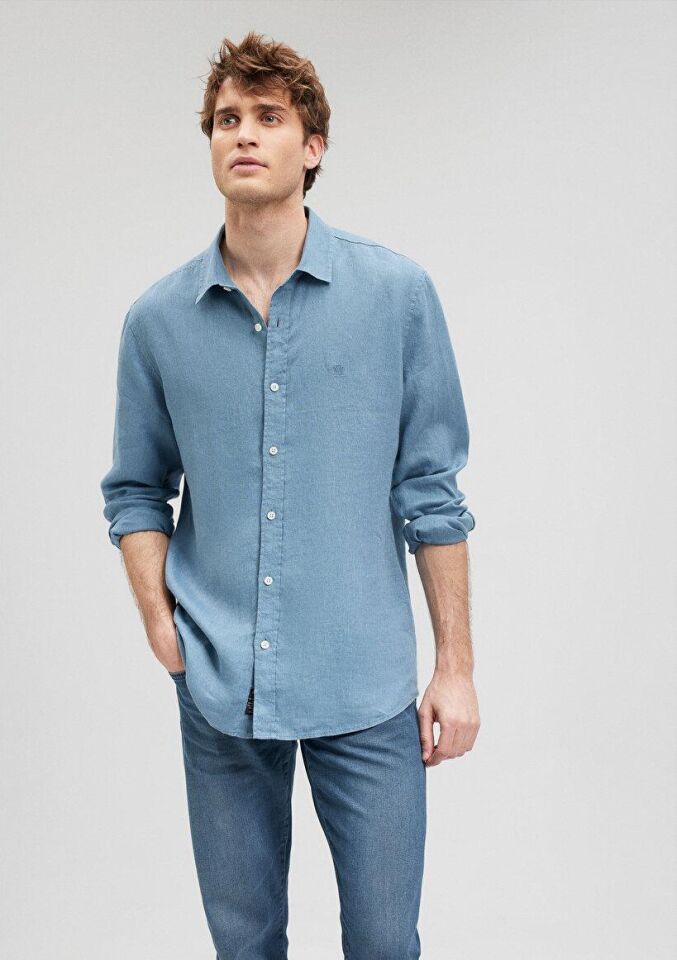 MAVİ ERKEK KETEN GÖMLEK Koyu Havacı Mavi 021190-70877