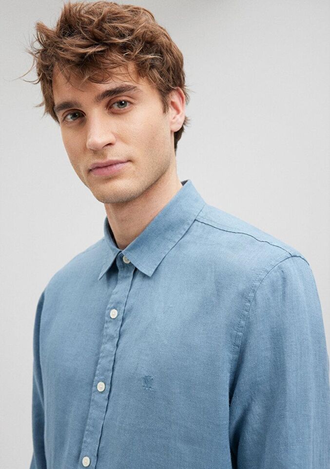 MAVİ ERKEK KETEN GÖMLEK Koyu Havacı Mavi 021190-70877