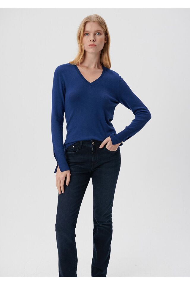 MAVİ KADIN V YAKA KAZAK Derin Mavi 171346-70491