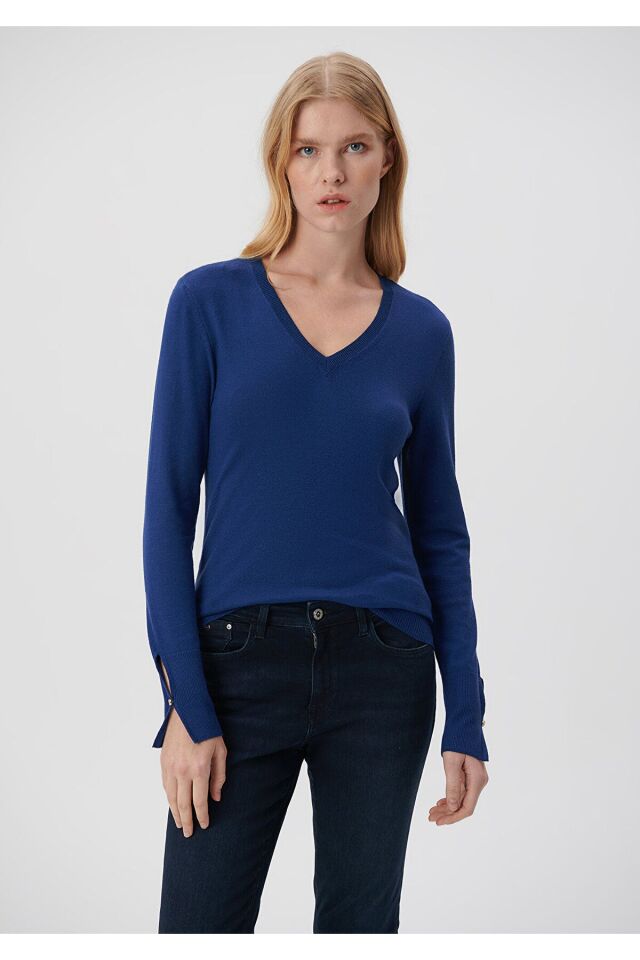 MAVİ KADIN V YAKA KAZAK Derin Mavi 171346-70491