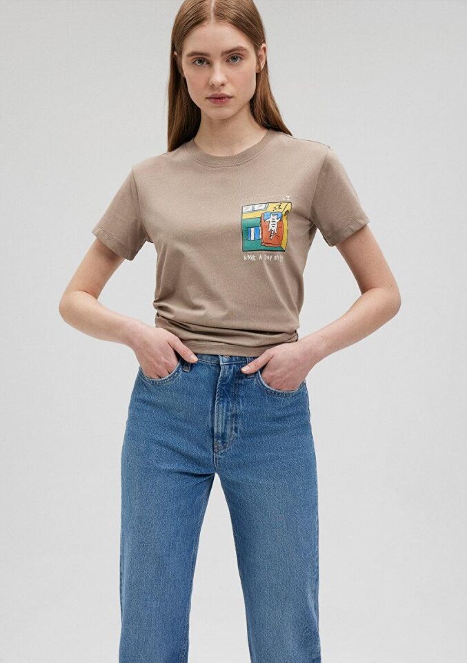 MAVİ KADIN KEDİ BASKILI TİŞÖRT Ay Taşı Bej 1612402-70364