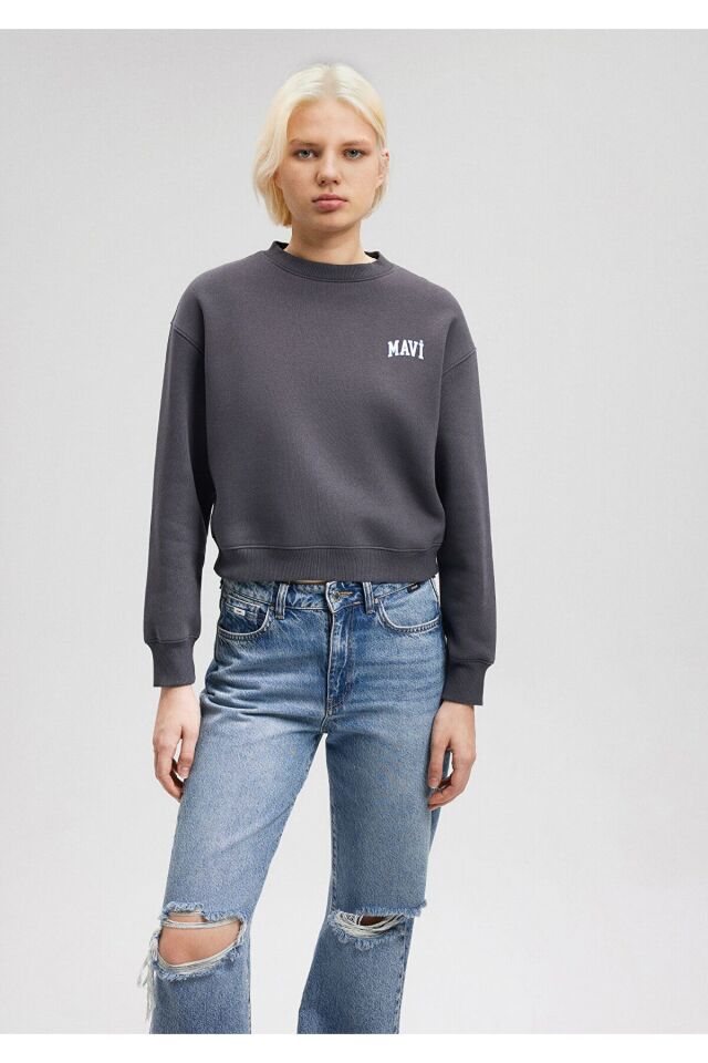 MAVİ KADIN LOGO KISA SWEATSHIRT Koyu Gri 1611601-70763