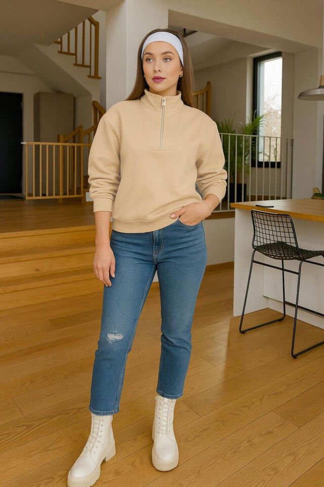 FASHION FRIENDS KADIN YAKASI FERMUARLI SWEAT 25K0166K1