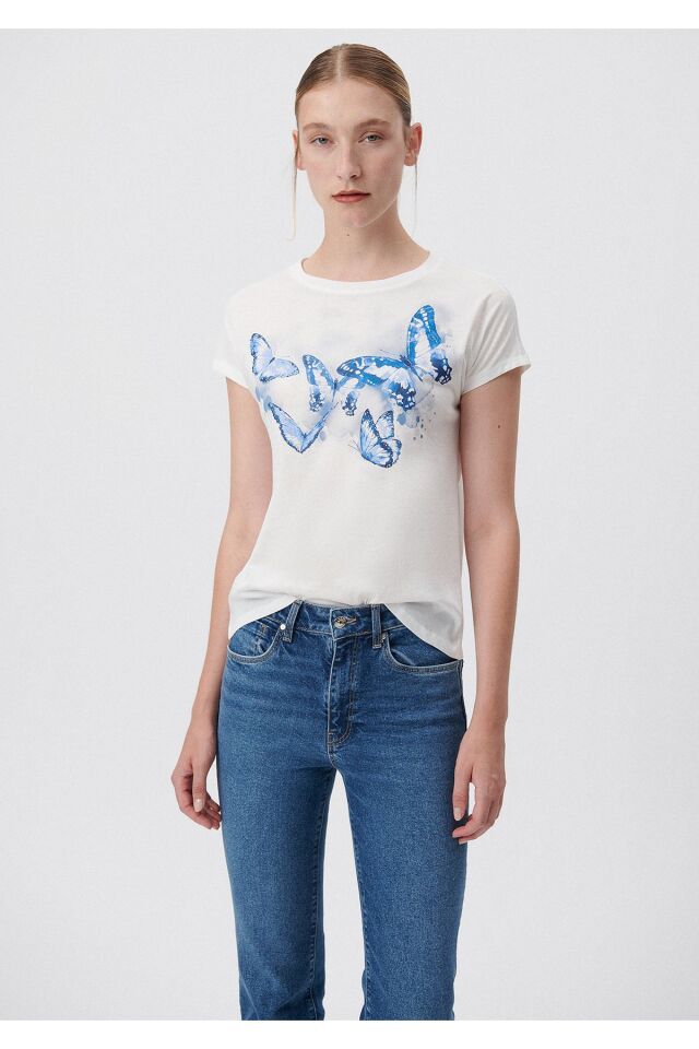 MAVİ KADIN KELEBEK BASKILI GRAFİK TİŞÖRT Kırık Beya 1611727-70057