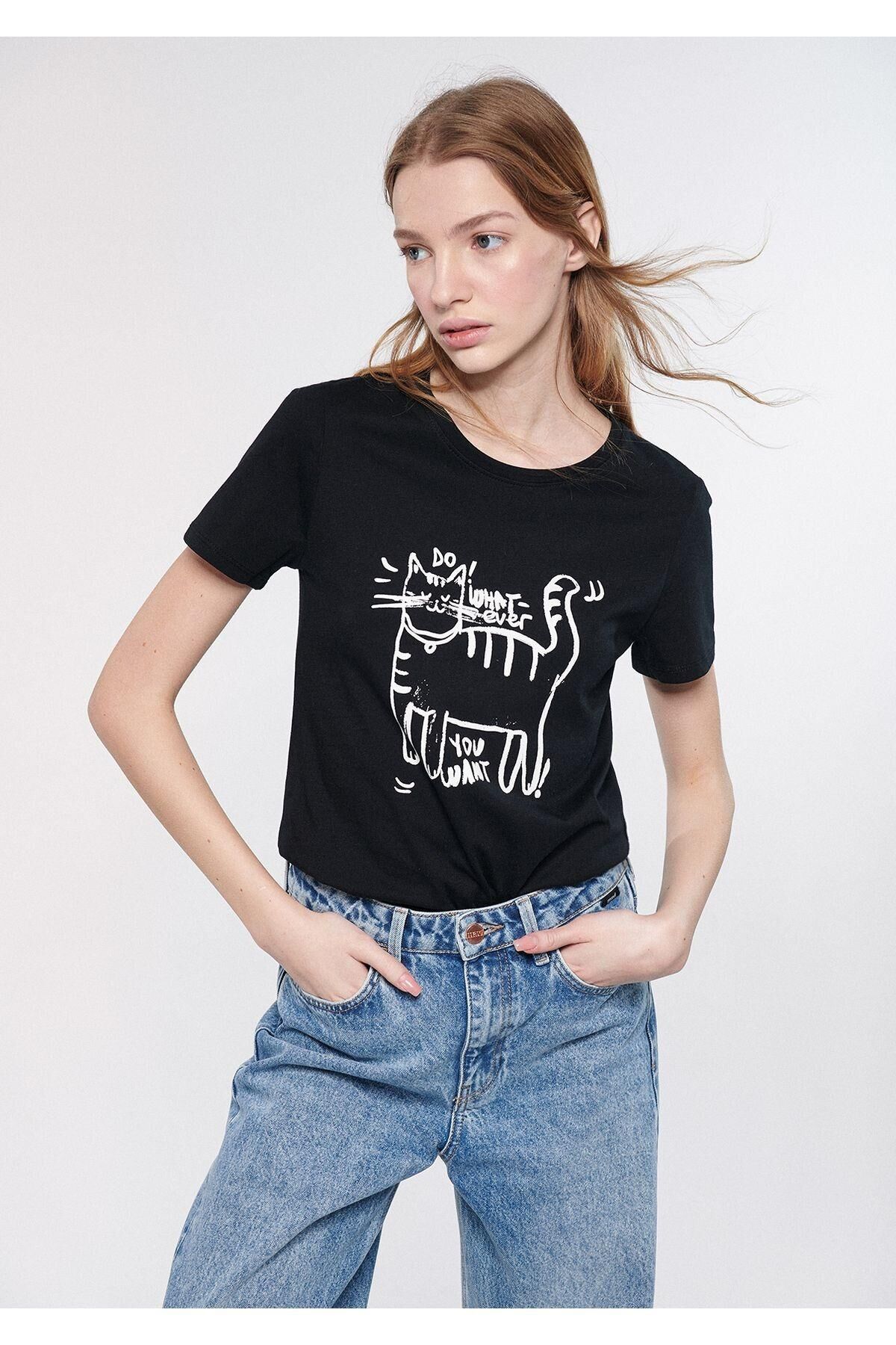 MAVİ KADIN KEDİ BASKILI TIŞORT Siyah 1611292-900