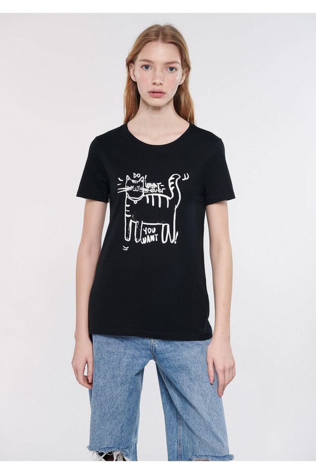 MAVİ KADIN KEDİ BASKILI TIŞORT Siyah 1611292-900