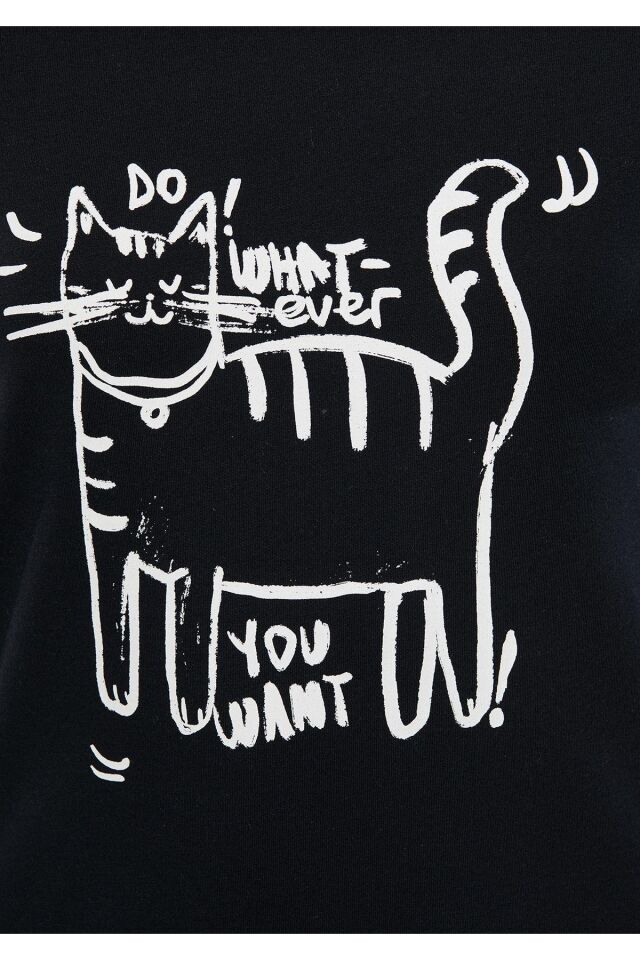 MAVİ KADIN KEDİ BASKILI TIŞORT Siyah 1611292-900