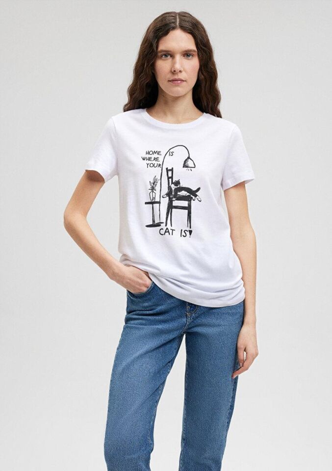 MAVİ KADIN KEDİ BASKILI TİŞÖRT Beyaz 1612390-620