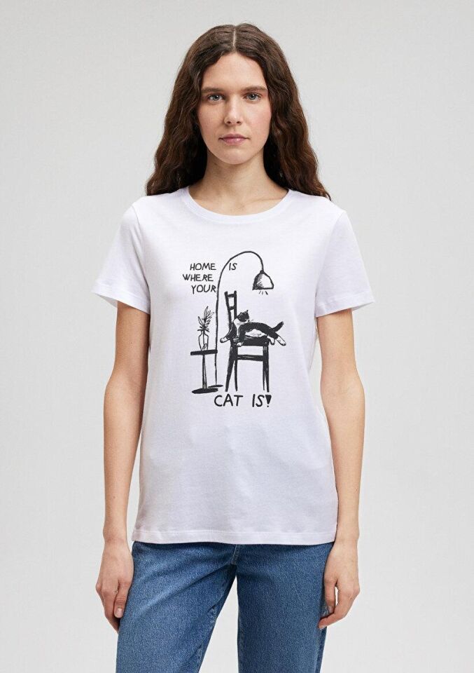 MAVİ KADIN KEDİ BASKILI TİŞÖRT Beyaz 1612390-620