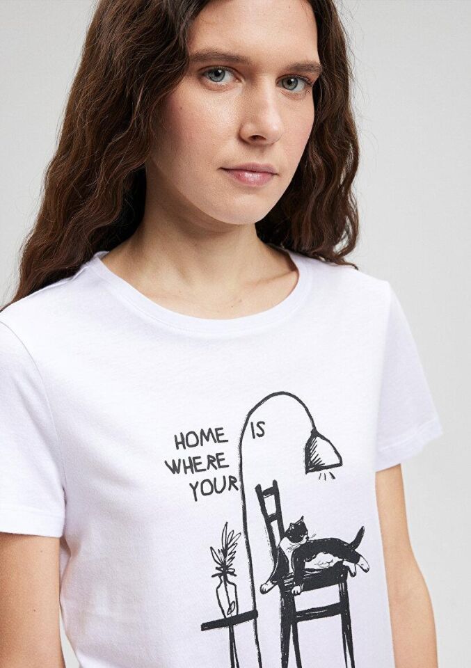 MAVİ KADIN KEDİ BASKILI TİŞÖRT Beyaz 1612390-620