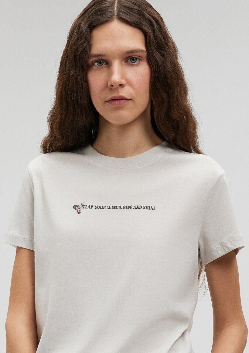 MAVİ KADIN KELEBEK BASKILI TİŞÖRT Pus Gri 1612392-70080