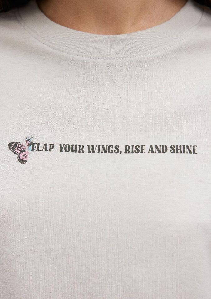 MAVİ KADIN KELEBEK BASKILI TİŞÖRT Pus Gri 1612392-70080