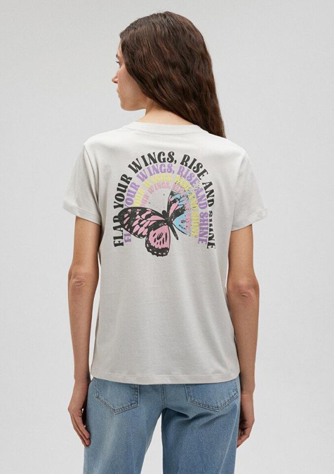 MAVİ KADIN KELEBEK BASKILI TİŞÖRT Pus Gri 1612392-70080 GRİ - L