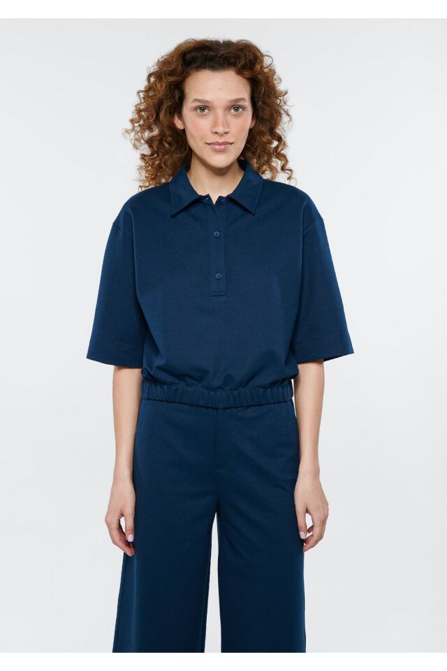 MAVİ KADIN POLO YAKA  ÖRME BLUZ Koyu Lacivert 1611473-70488 LACİVERT - L