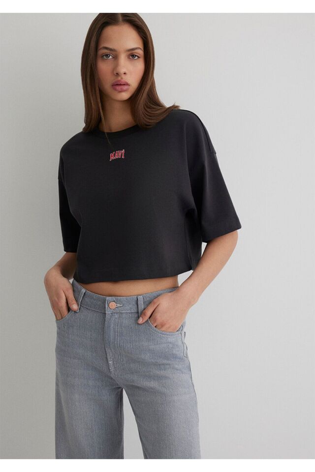 MAVİ KADIN YUVARLAK YAKA KISA KOLLU TİŞÖRT Kömür 1611585-70087