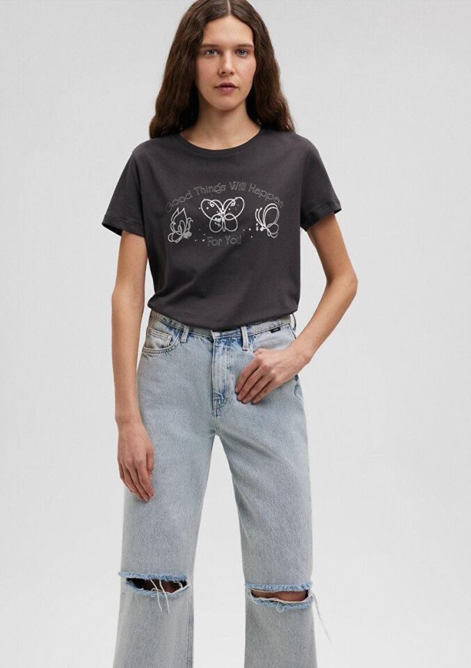 MAVİ KADIN KELEBEK BASKILI TİŞÖRT Kömür 1612407-70087 ANTRASİT - L