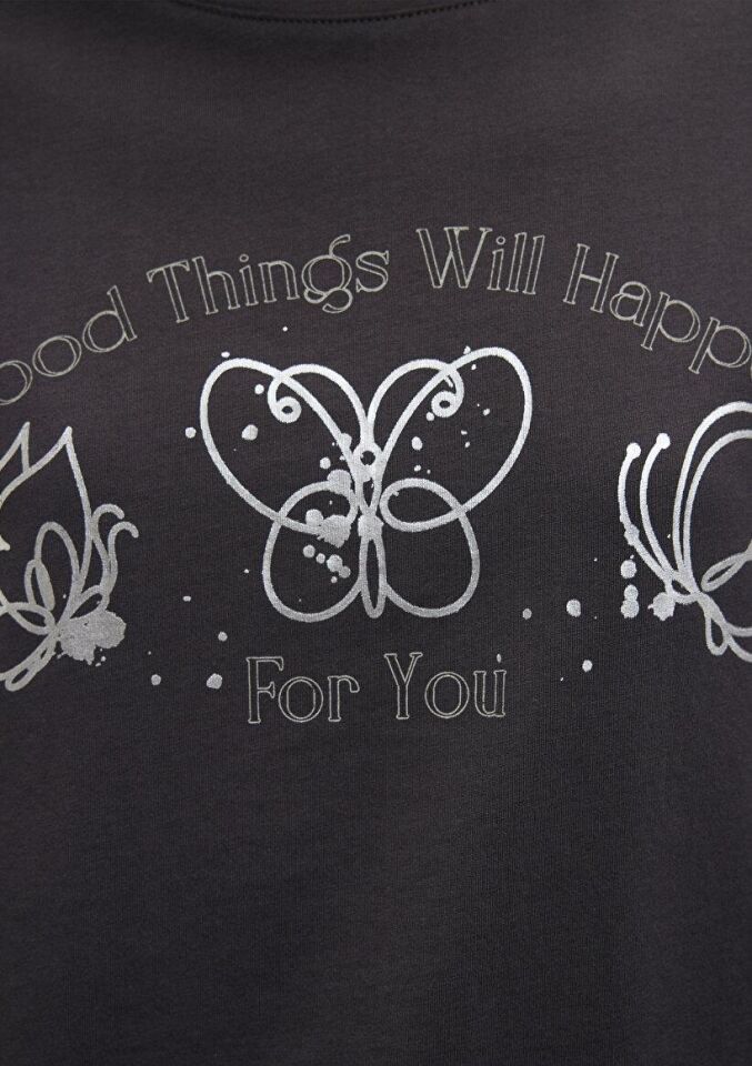 MAVİ KADIN KELEBEK BASKILI TİŞÖRT Kömür 1612407-70087 ANTRASİT - L