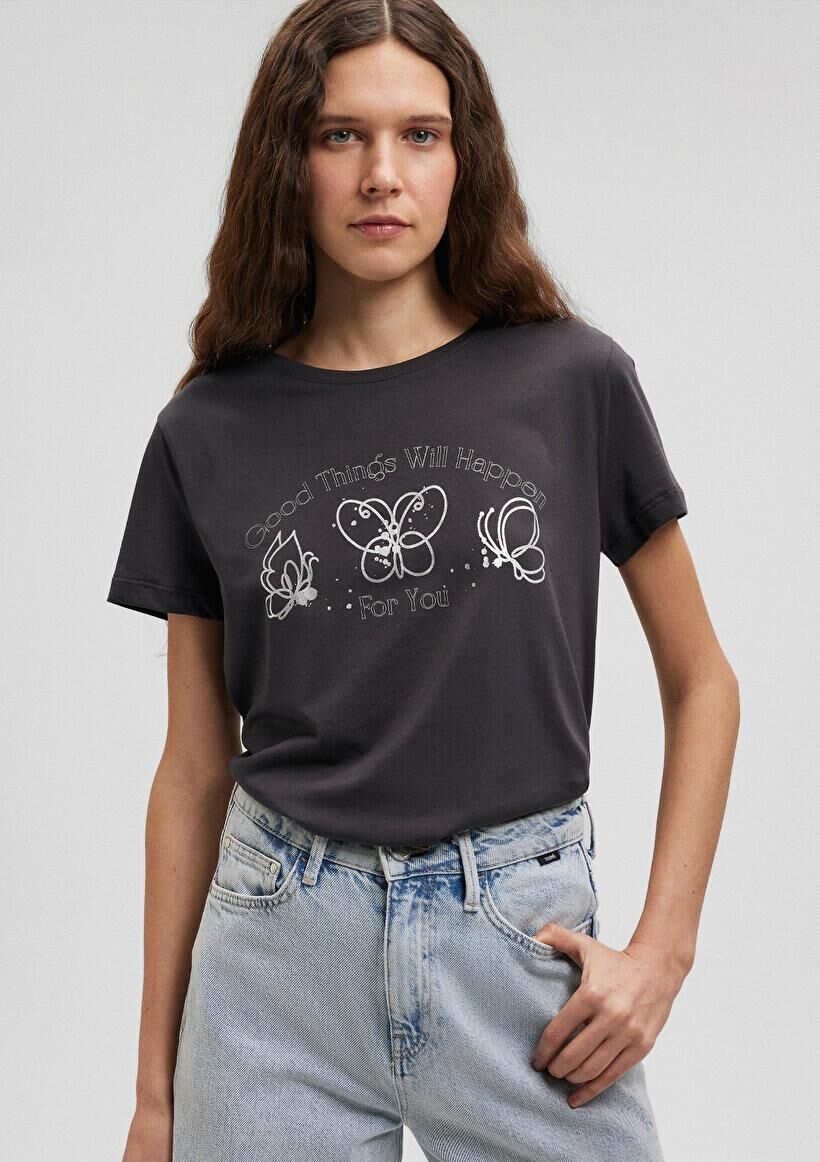 MAVİ KADIN KELEBEK BASKILI TİŞÖRT Kömür 1612407-70087 ANTRASİT - S