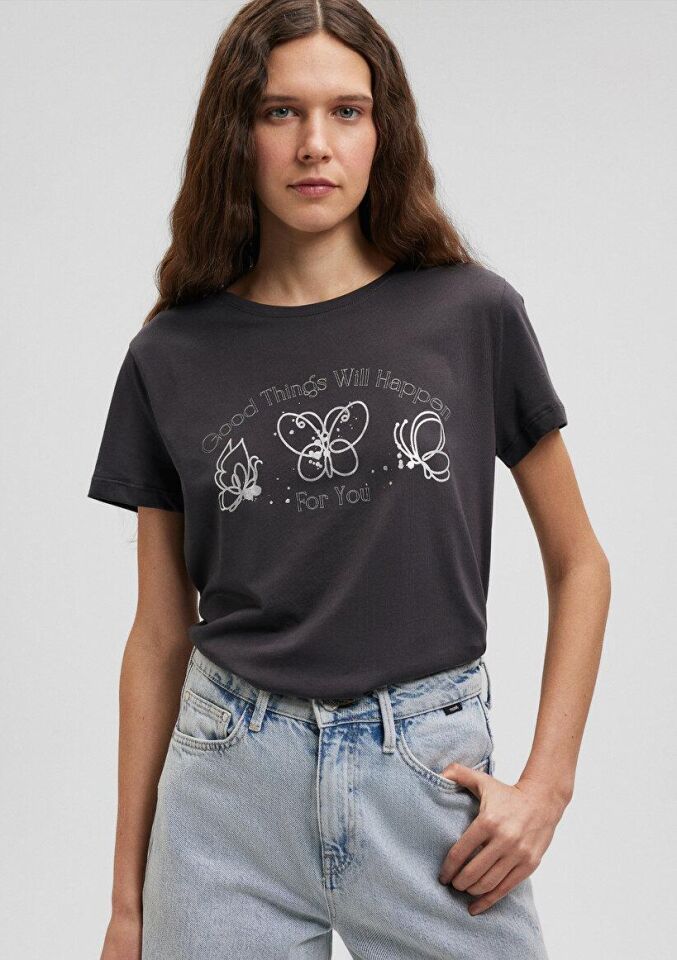 MAVİ KADIN KELEBEK BASKILI TİŞÖRT Kömür 1612407-70087 ANTRASİT - S