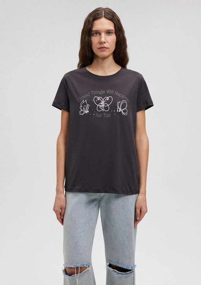 MAVİ KADIN KELEBEK BASKILI TİŞÖRT Kömür 1612407-70087 ANTRASİT - XS
