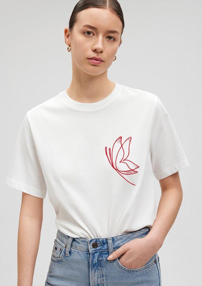 MAVİ KADIN GRAFİK BASKILI TİŞÖRT Kırık Beyaz 1612529-70057