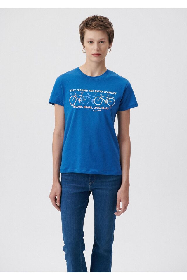 MAVİ KADIN BİSİKLET BASKILI GRAFİK TİŞÖRT Koyu Saks 1611701-83771 SAKS - S