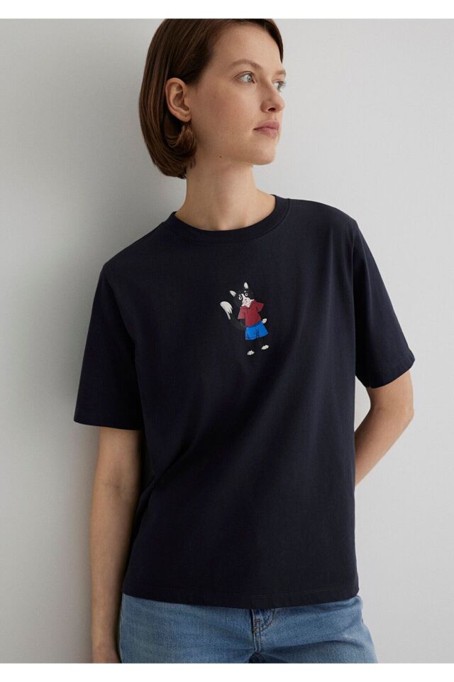 MAVİ KADIN KEDİ BASKILI TİŞÖRT Kömür 1613178-70087