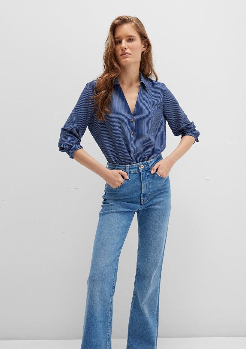 MAVİ KADIN DÜĞME DETAYLI BLUZ Lacivert Çizgili 122400-80736