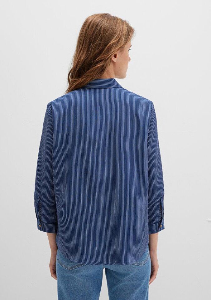 MAVİ KADIN DÜĞME DETAYLI BLUZ Lacivert Çizgili 122400-80736