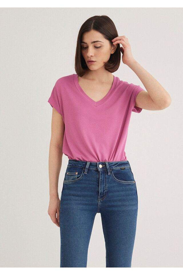 MAVİ KADIN BASIC V YAKA PENYE Menekşe Pembesi 167714-70955