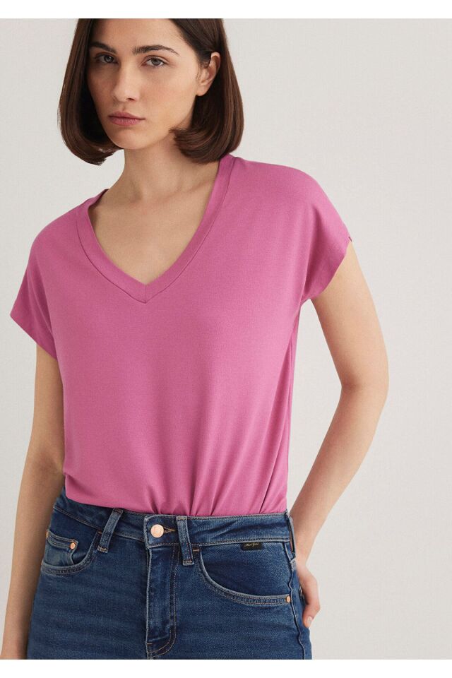 MAVİ KADIN BASIC V YAKA PENYE Menekşe Pembesi 167714-70955