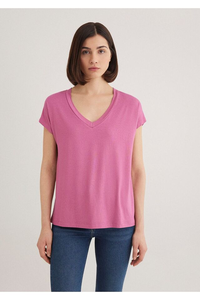 MAVİ KADIN BASIC V YAKA PENYE Menekşe Pembesi 167714-70955