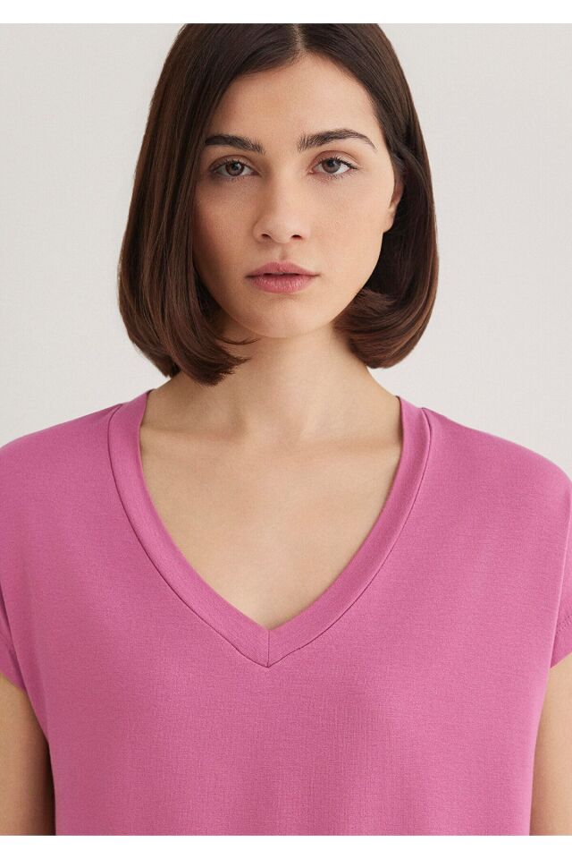 MAVİ KADIN BASIC V YAKA PENYE Menekşe Pembesi 167714-70955