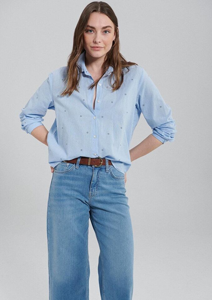 MAVİ KADIN UZUN KOL GÖMLEK Navy Flower Dot Print 1210030-86660