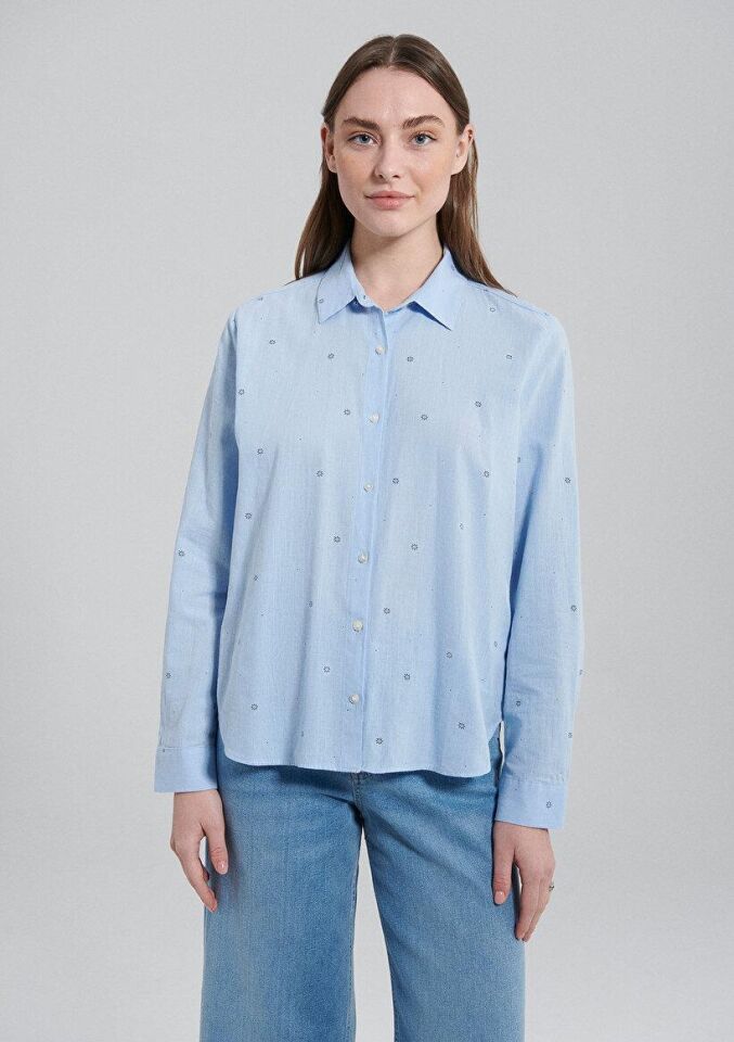 MAVİ KADIN UZUN KOL GÖMLEK Navy Flower Dot Print 1210030-86660