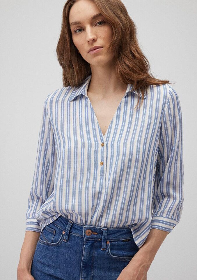 MAVİ KADIN DÜĞME DETAYLI BLUZ İndigo Çizgili 122400-83979
