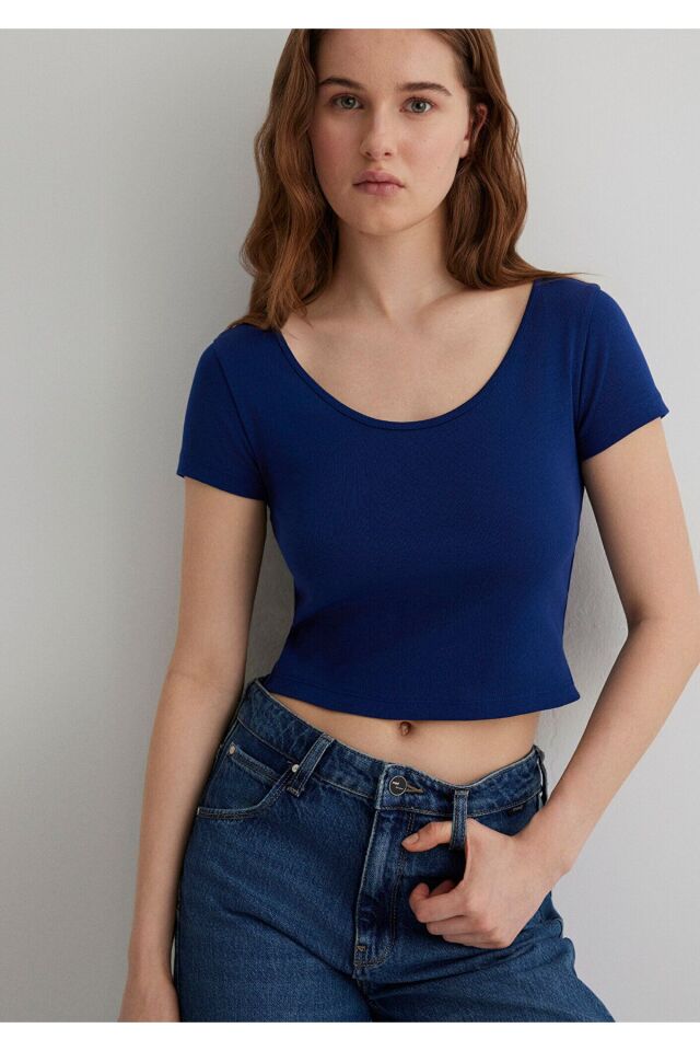 MAVİ KADIN YUVARLAK YAKA CROP BASİC Koyu Saks Mavi 1612374-70722