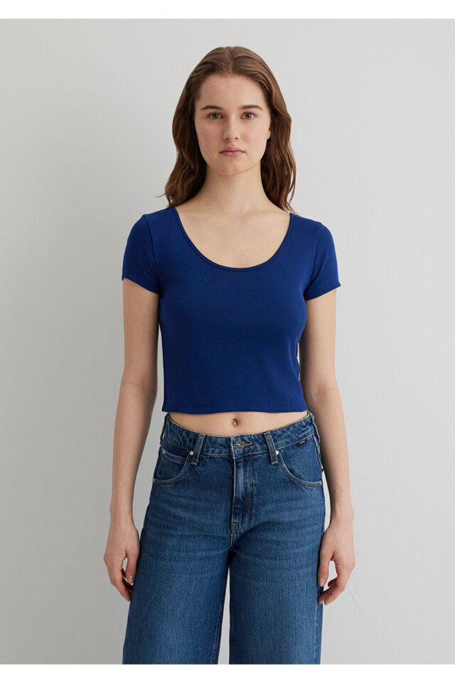 MAVİ KADIN YUVARLAK YAKA CROP BASİC Koyu Saks Mavi 1612374-70722