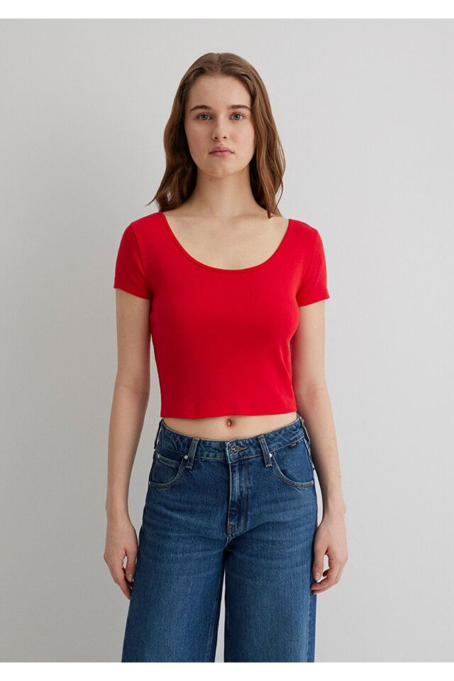 MAVİ KADIN YUVARLAK YAKA CROP BASİC Çin Kırmızısı 1612374-70467