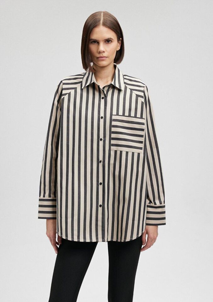 MAVİ KADIN UZUN KOLLU GÖMLEK Beige Bold Stripe 1210677-86622