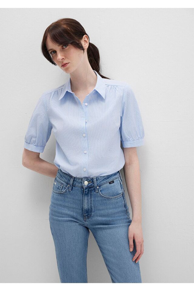 MAVİ KADIN KISA KOL GÖMLEK Stripe Print 1210060-90700