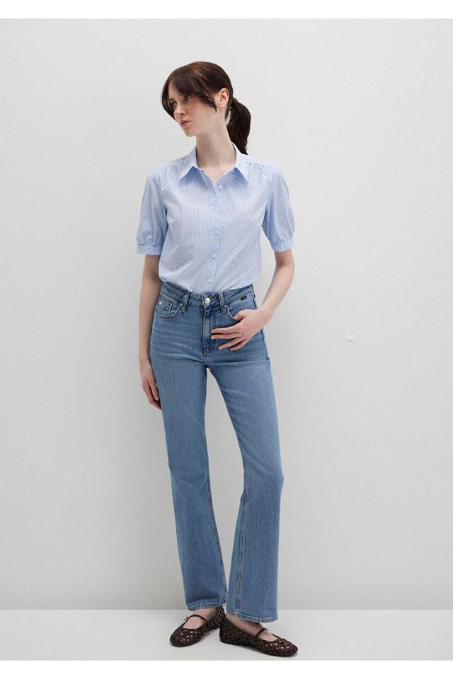 MAVİ KADIN KISA KOL GÖMLEK Stripe Print 1210060-90700