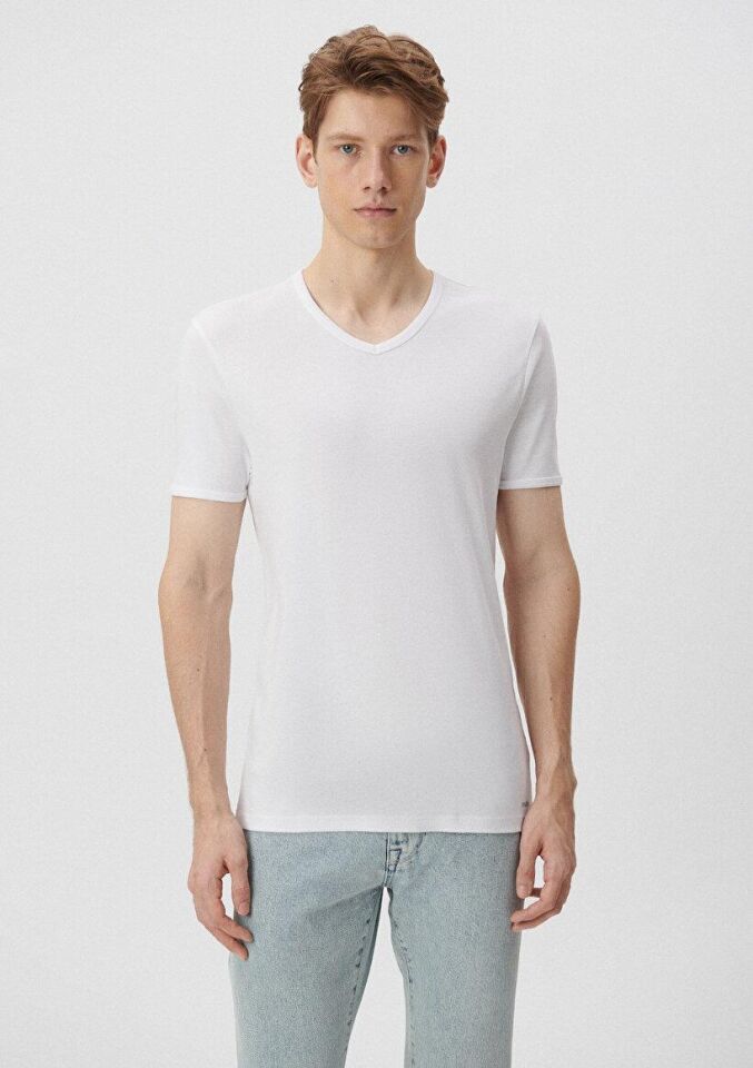MAVİ ERKEK V YAKA TİŞÖRT  Beyaz 063748-620