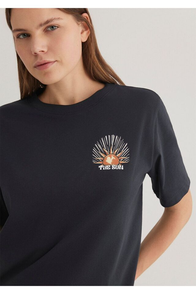 MAVİ KADIN ASTROLOJİ BASKILI GRAFİK TİŞÖRT Kömür 1612949-70087